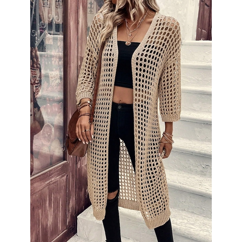 Women's Casual Jacket Breathable Comfortable Cut Out Casual Plain Vacation Street Casual Daily Wear Open Front Long Collarless Regular Fit 3/4 Length Sleeve Outerwear Black Apricot Spring