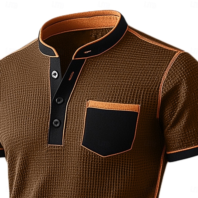 Men's Waffle Henley Shirt Tee Short Sleeve Solid Color Plain Fashion Designer Comfortable Color Block Buttons Henley Outdoor Casual Daily Summer All Seasons Black Navy Blue Brown Henley T-Shirt2