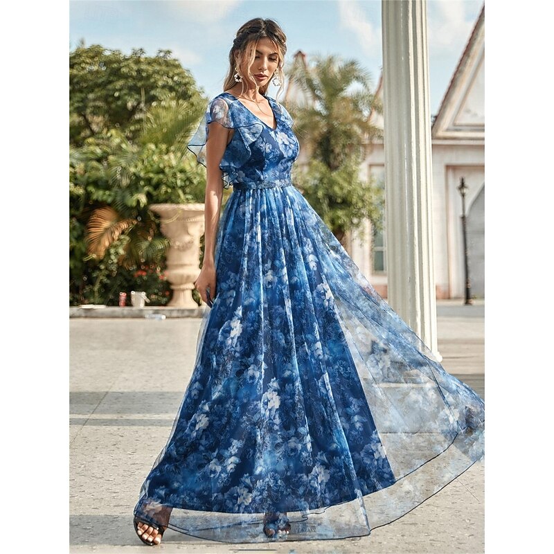 A-Line Quinceanera Dresses Elegant Dress Formal Wedding Floor Length Sleeveless V Neck Chiffon with Floral Print4