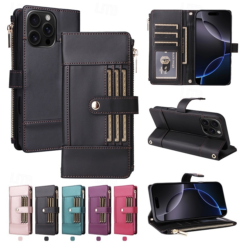 Phone Case For iPhone 16 15 14 Pro Max Plus 16e 13 Pro Max Wallet Case with Stand Holder Zipper Full Body Protective Retro TPU PU Leather