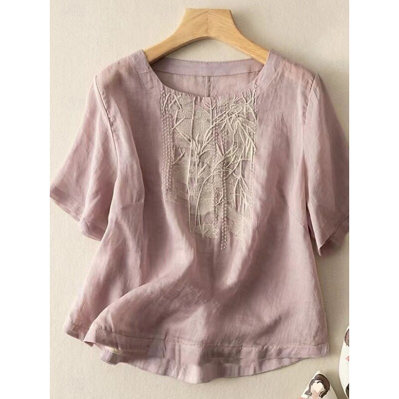 Women's Cotton Linen Shirts Solid Color Elegant Stylish Basic Short Sleeve Crew Neck Regular Tops Daily Embroidered Pink Purple Apricot Summer Spring