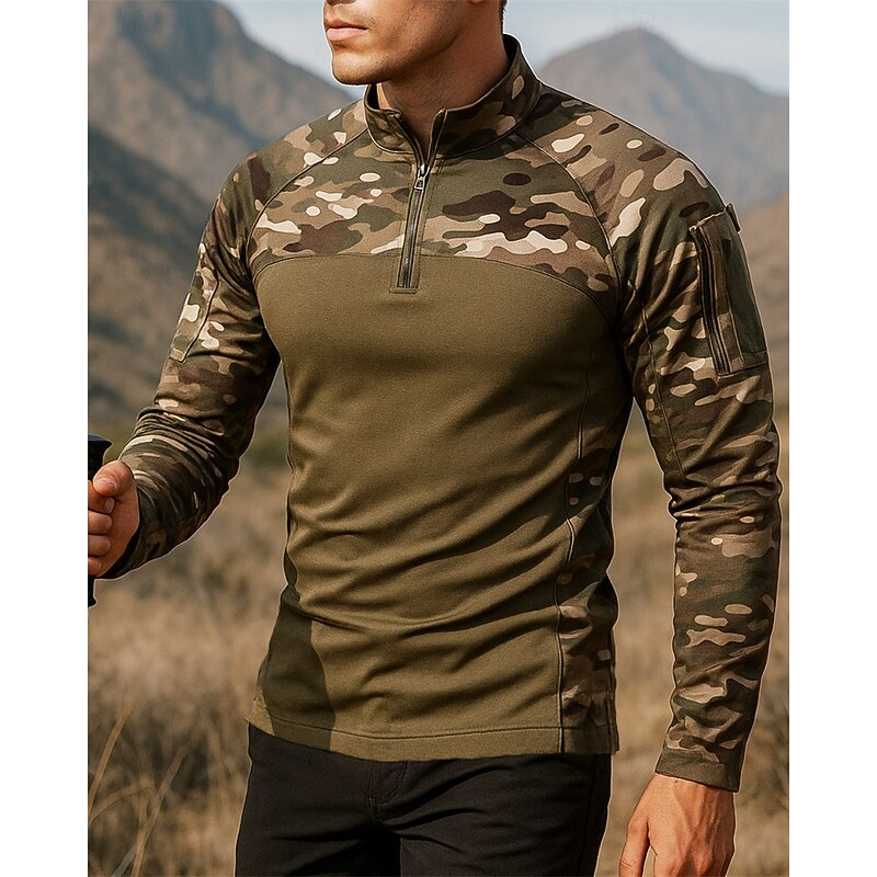 Men's Polo Sweatshirt Hiking top Long Sleeve Stand Collar Top Outdoor Breathable Quick Dry Lightweight Elastic Quarter-Zip Pullover Polyester Camouflage Black Army Green Grey Tennis Golf Running3