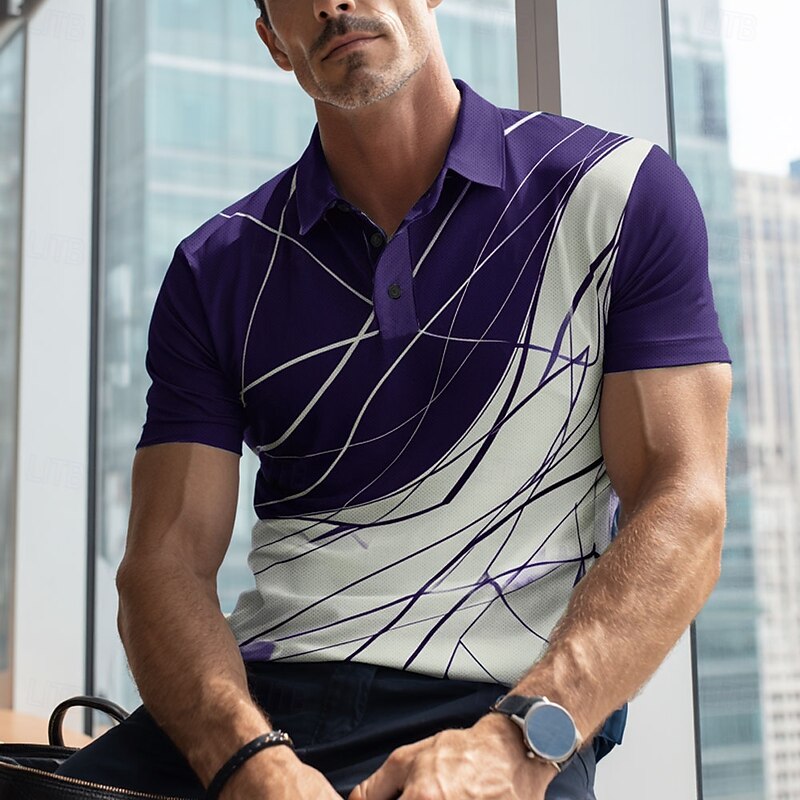 Men's Abstract Line Polo Short Sleeve Polo Shirts Lapel Casual Athleisure 3D Print Buttons Summer Dark Brown Black Blue3