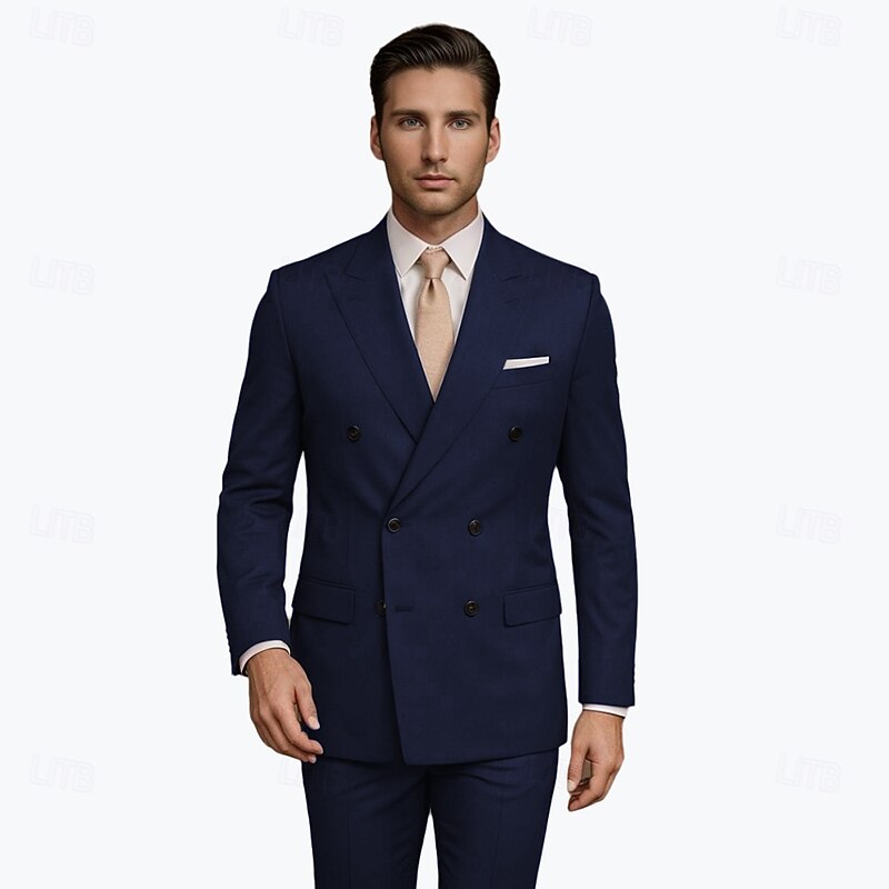 Men's Business Suits Peaked Lapel Navy Blue Formal WorkWear Solid Colored Standard Fit 2 Piece Double Breasted Six-buttons2