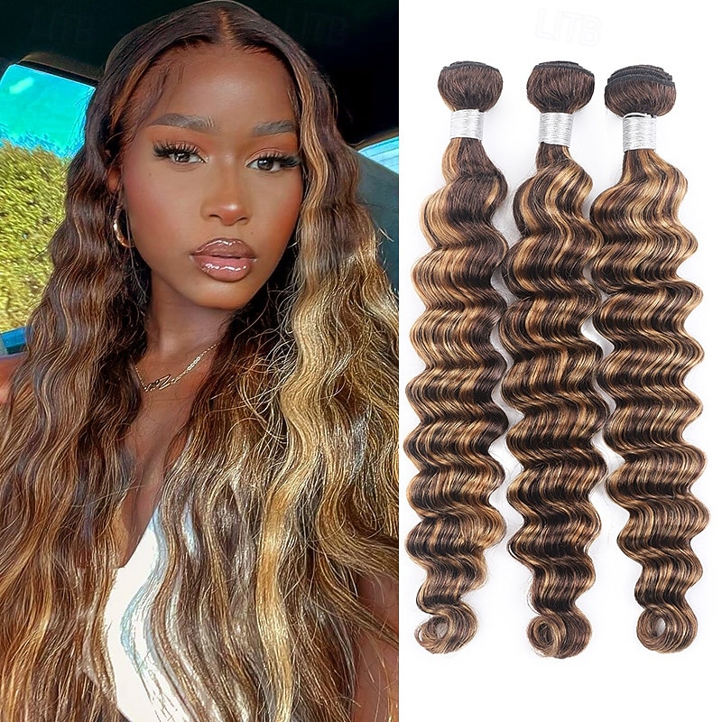 3 Bundles Hair Weaves Piano color P4/27 Loose Deep Human Hair Extensions Human Hair Bundle Hair 10-28 inch For Black Women