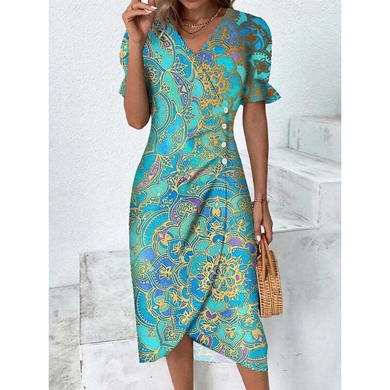 Women's Midi Dress Wrap Dress Elegant Lightweight Puff Sleeve Short Sleeve V Neck Sheath Dress Loose Fit Graphic Geometric Blue Fuchsia Orange Dark Blue4