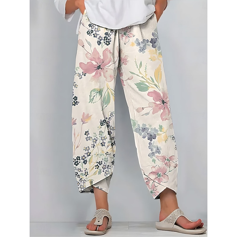 Women's Wide Leg Chinos Baggy Pants Vintage Basic Casual Ankle-Length High Waist Floral Graphic Drawstring Patchwork Printing Breathable Inelastic Outdoor Vacation Street Yellow Blue Green Beige2