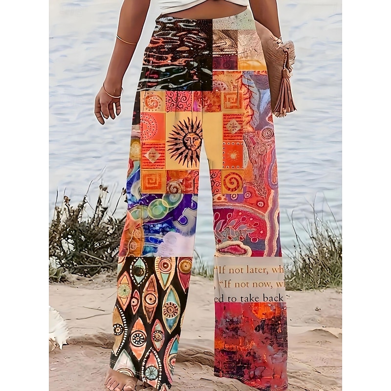 Women's Wide Leg Chinos Vacation Vintage Ethnic Style Long High Waist Graphic Plaid Checkered Pocket Elastic Waistband Comfy Soft Comfortable Micro-elastic Outdoor Street Blue Orange Summer Spring