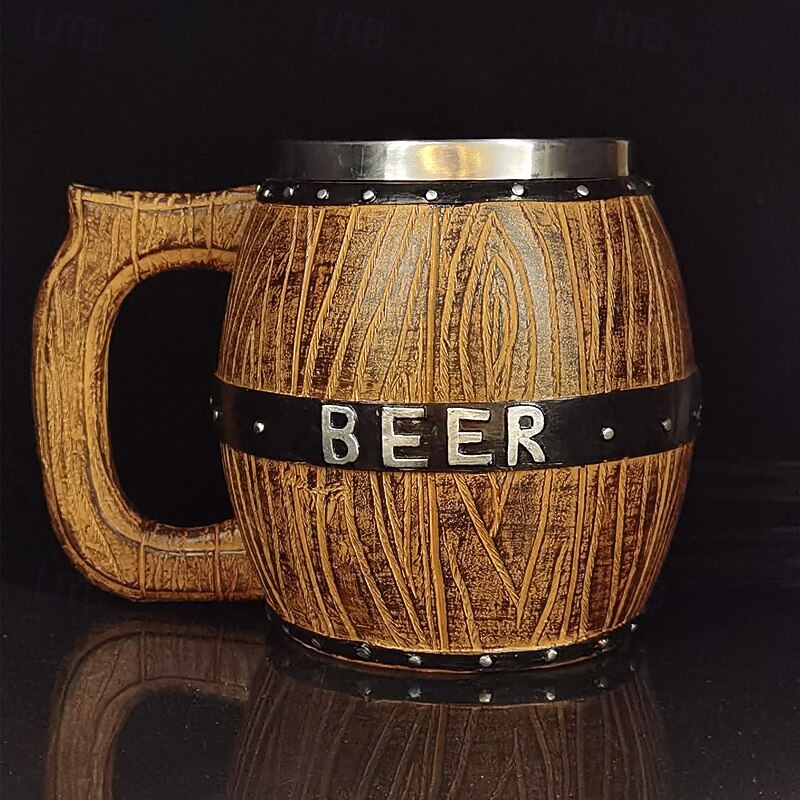Vintage Wooden Barrel Beer Mug Oktoberfest Gift Mug with Stainless Steel Liner, Stein Large Capacity, Unique Rustic Beer Tankard for Bar Use4