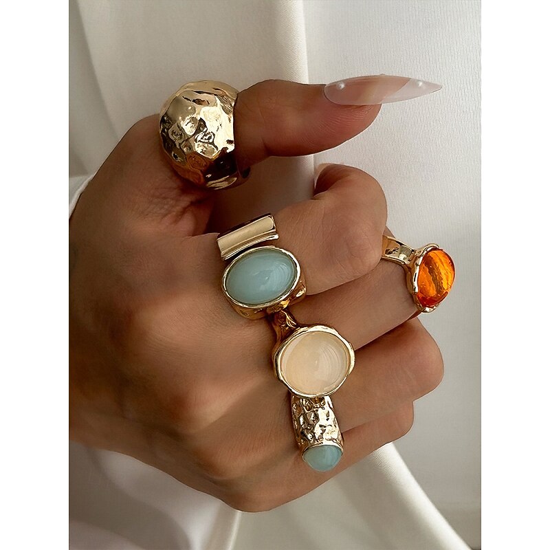 Women's Gold Vintage Gemstone Ring Set - Multi-piece set of statement chunky rings with hammered texture and colorful resin gemstones, Suitable for office,, Vintage fashion, Party and daily style3