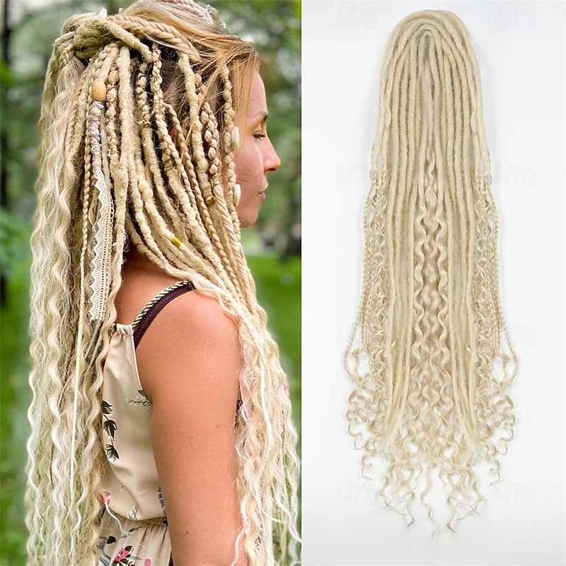 DE Dreadlock Extensions 24 Inch 3 In 1 Synthetic Dreads Extensions Mixed DE Dreads Hippie Style 15 Strands Handmade Braid in Dreadlock Extensions Soft Double Ended Curly Boho Wavy Dreads Women
