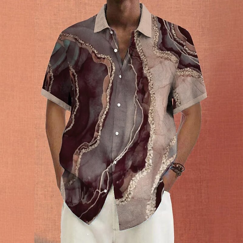 Men's Geometric Marble Abstract Liquid Art Shirt Summer Shirt Button Up Shirt Short Sleeve Fashion Casual Vacation Holiday Streetwear Summer Turndown 3D Print Front One Pocket Linen Like Shirt Brown