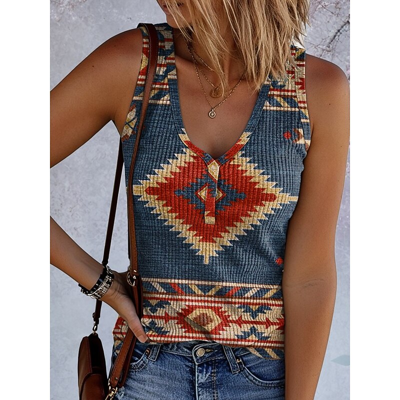 Women's Camisole Tank Top Graphic Geometric Vintage Stylish Ethnic Sleeveless V Neck Regular Tops Daily Print Red Blue Dusty Blue Summer Spring
