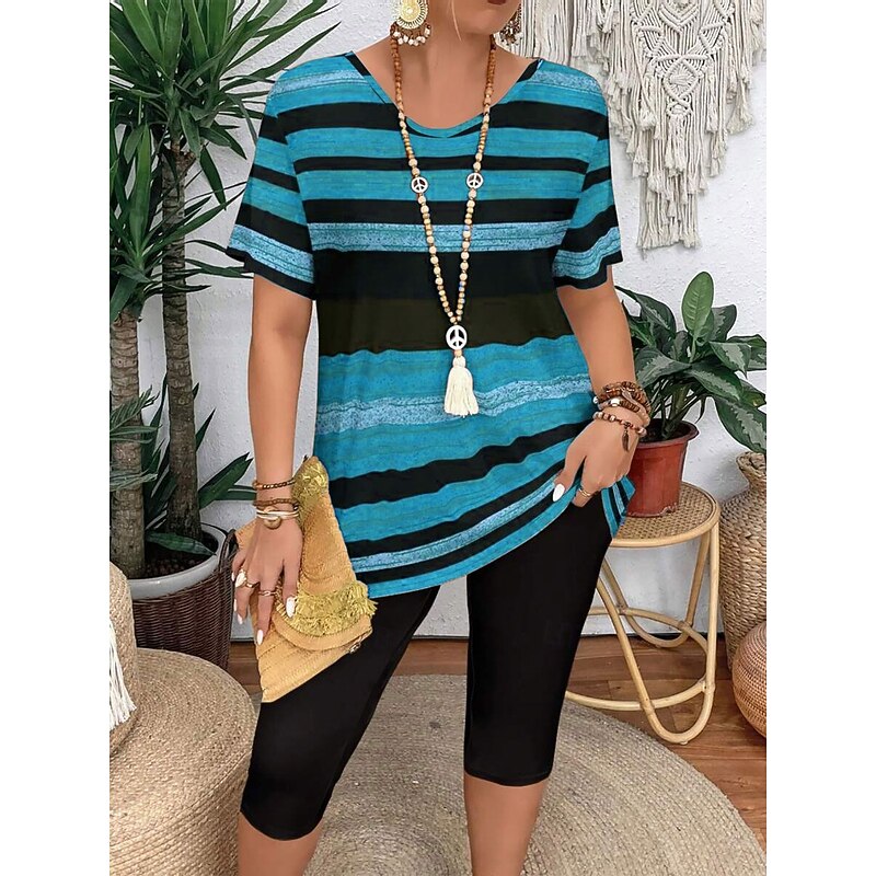 Women's Fashion T Shirt Shorts Sets Short Sleeve V Neck Graphic Striped Print Casual Daily Casual Daily Blue Purple Brown Summer Regular Fit4