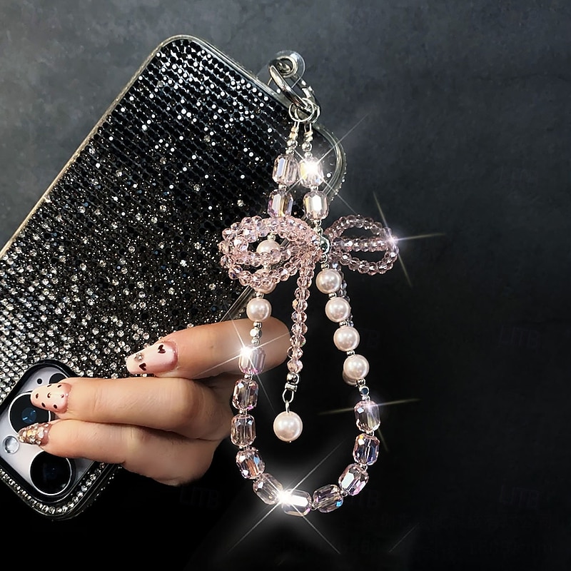 New fashionable crystal pearl mobile phone chain with high-end feel three-dimensional crystal pearl bow key hanging chain mobile phone hanging chain wrist chain