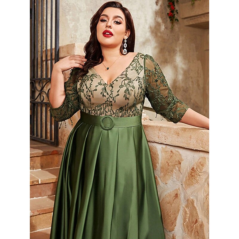 A-Line Evening Gown Elegant Dress Formal Wedding Floor Length 3/4 Length Sleeve V Neck Satin V Back with Pleats2