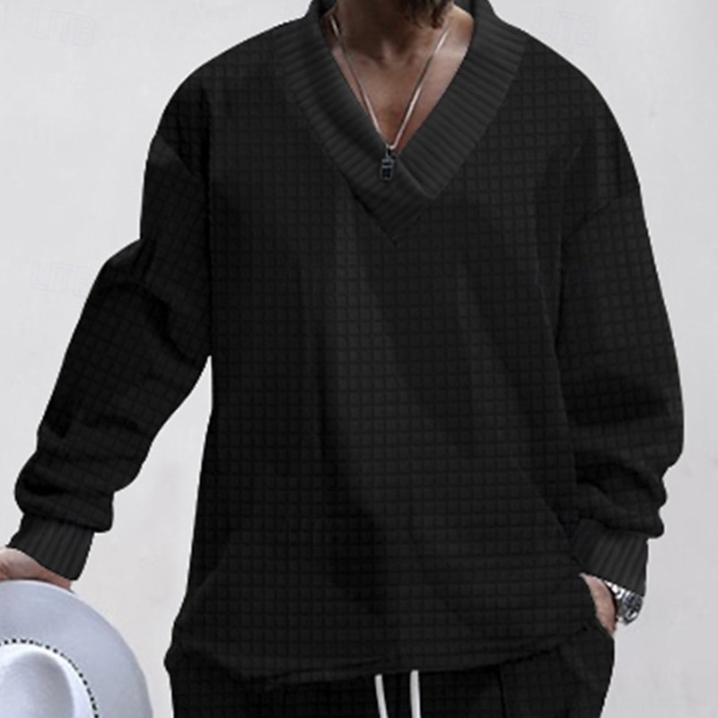 Men's Waffle Sweatshirt Black White Khaki Light Grey Dark Gray V Neck Plain Oversized Casual Daily Holiday Streetwear Cool Casual Spring &  Fall Clothing Apparel Hoodies Sweatshirts3