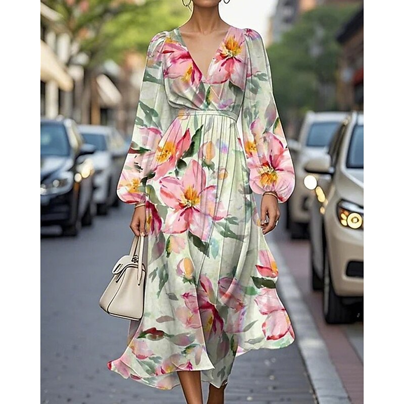 Women's Midi Dress Casual Dress Print Dress Elegant Fashion Outdoor Party Holiday Regular Fit Flower Long Sleeve V Neck White Pink Beige Summer Spring2