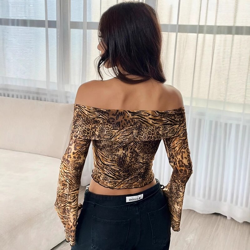 Retro Vintage 1970s Groovy Crop Top Bell Sleeve Disco Leopard Fancy Dress Women's Halloween Carnival Music Festival Retro Theme Party Adults' Top2