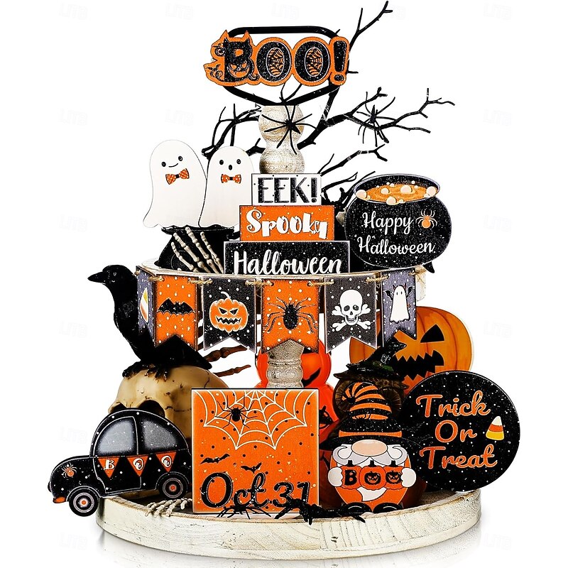 15pcs Halloween Tiered Tray Decor Set, Cute Black and Orange Wooden Signs, Happy Halloween Ghost Block Decorations for Farmhouse Home Tabletop Display