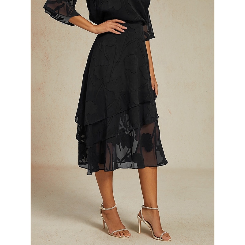 Women's Skirt Elegant Midi Mid Waist Skirts Floral Layered Inelastic Party Causal Black Summer Chiffon