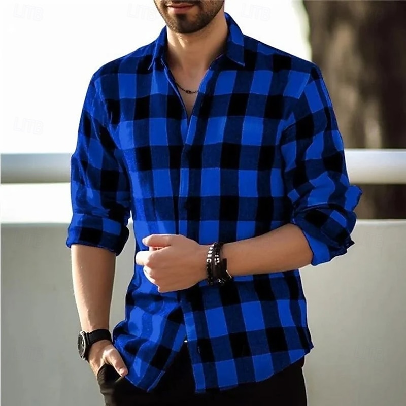 Men's Geometric Grid / Plaid Shirt Button Up Shirt Casual Dress Shirt Long Sleeve Fashion Casual Office Dailywear Spring Fall Turndown 3D Print Linen Like Shirt Black Red Navy Blue Blue4
