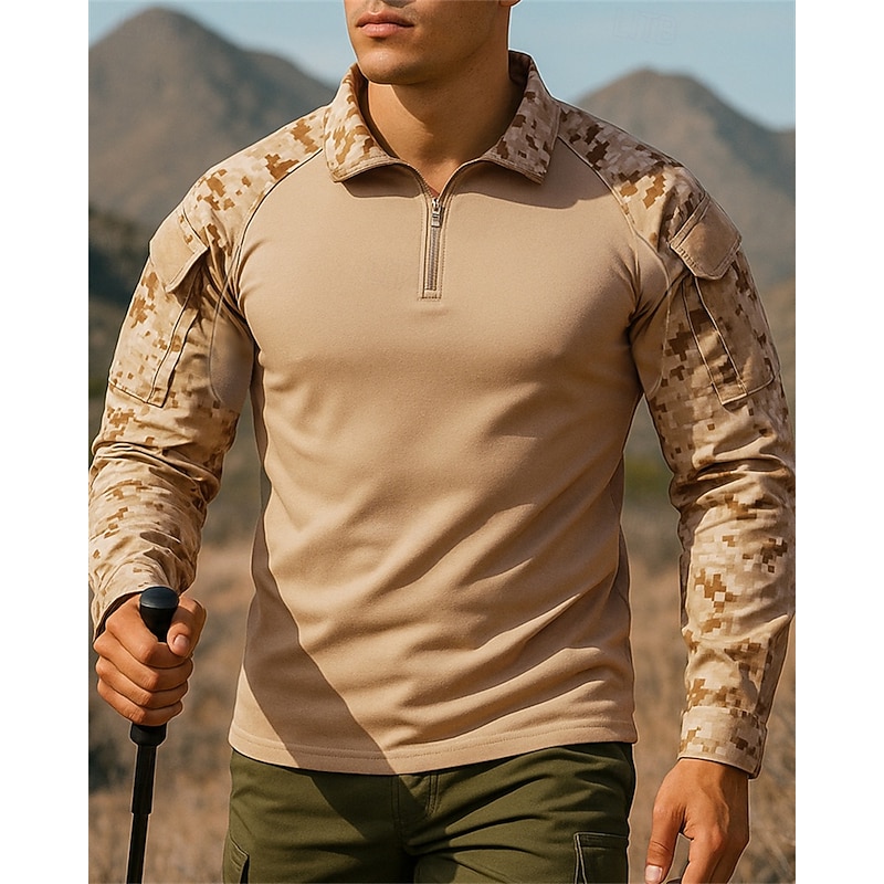 Men's Polo Sweatshirt Hiking top Long Sleeve Stand Collar Top Outdoor Breathable Quick Dry Lightweight Elastic Quarter-Zip Pullover Polyester Camo Army Green Light Brown Khaki Tennis Golf Running4