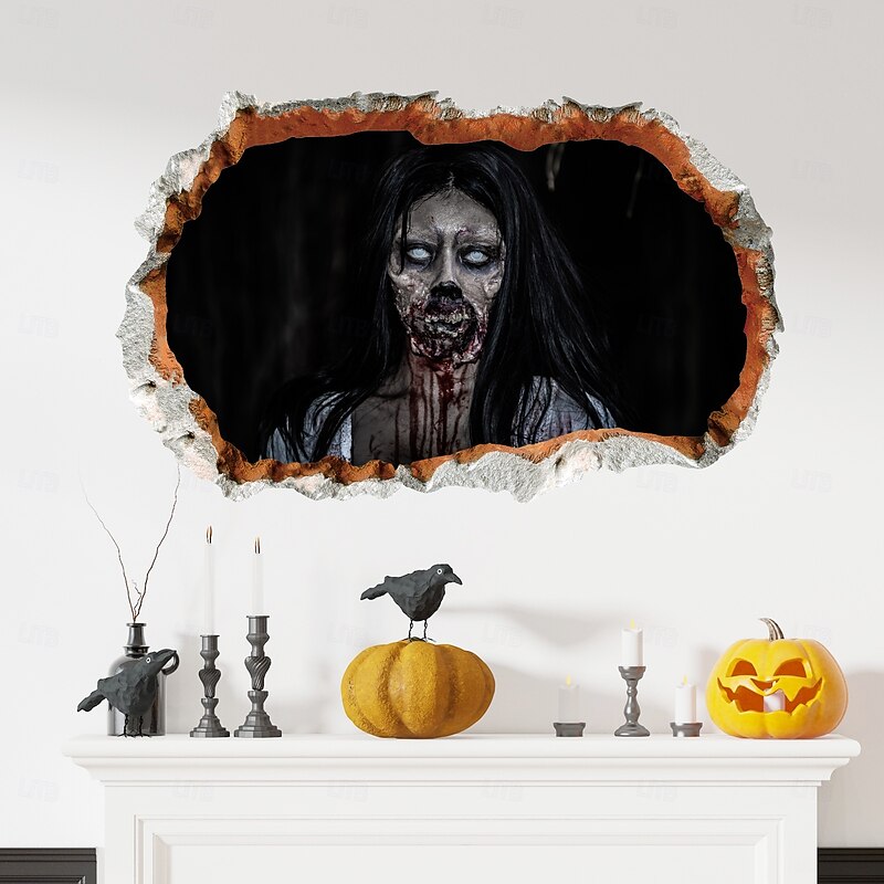 Halloween Wall Decal Sticker 3D Cracked Wall Zombie Removable Scary Halloween Decoration for Living Room Wall Home Party Horror Decor