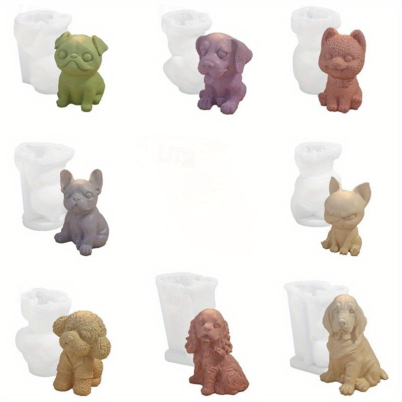 8pcs Dog Shape Mold Silicone Three-dimensional Animal Handmade Plaster Clay Candle Holder Mold