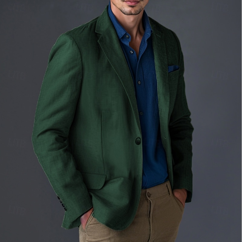Men's Linen Blazer Sport Coat Notch Collar Fashion Casual Solid Colored Linen Blazer Blue Army Green Standard Fit Single Breasted One-button