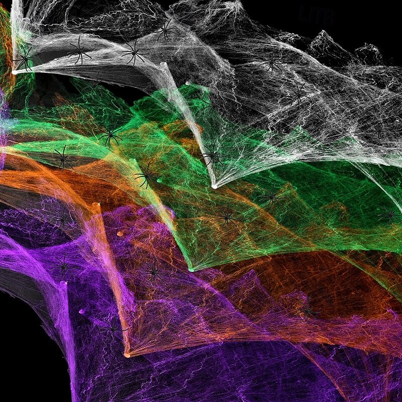 Halloween Spider Webs 1200 Sqft with 30 Fake Spiders Colorful Halloween Party Indoor and Outdoor Decorations Colored Stretch Cobwebs for Halloween Party Decorations Bar House2