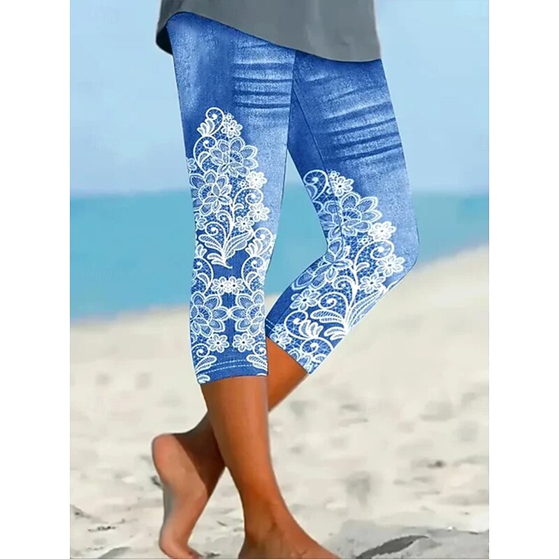 Women's Capri Pants Leggings Vacation Vintage Ethnic Style Calf-Length High Waist Floral Graphic 3D Print Soft Comfortable Breathable Inelastic Vacation Street Causal White-Blue Light Blue Summer3