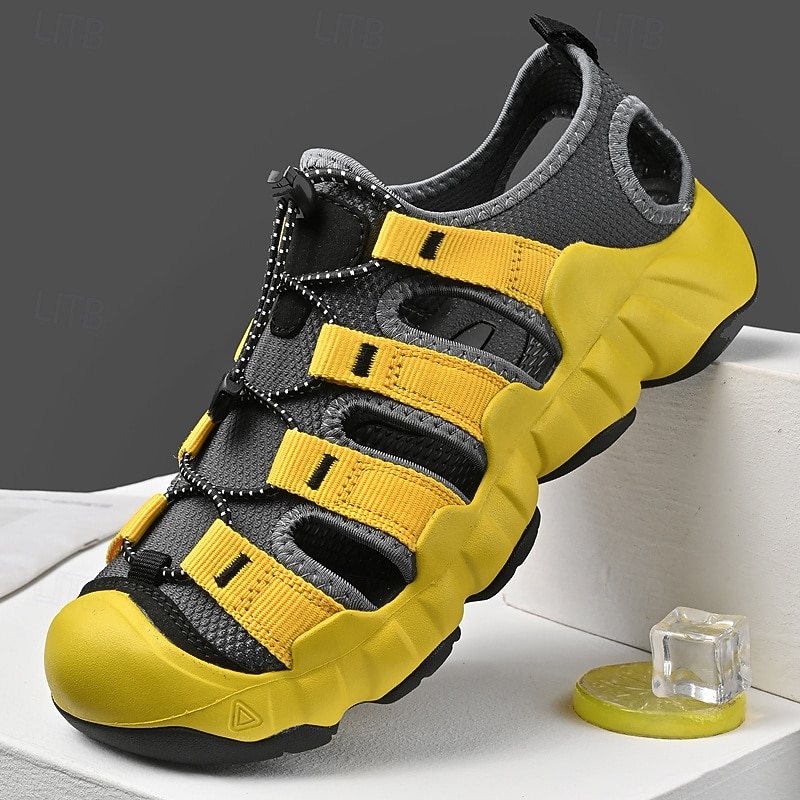 Men's Yellow Sports Sneakers - High-performance Hiking Shoes with Sturdy Design and Adjustable Straps for Trekking Urban Exploration and Outdoor Adventures