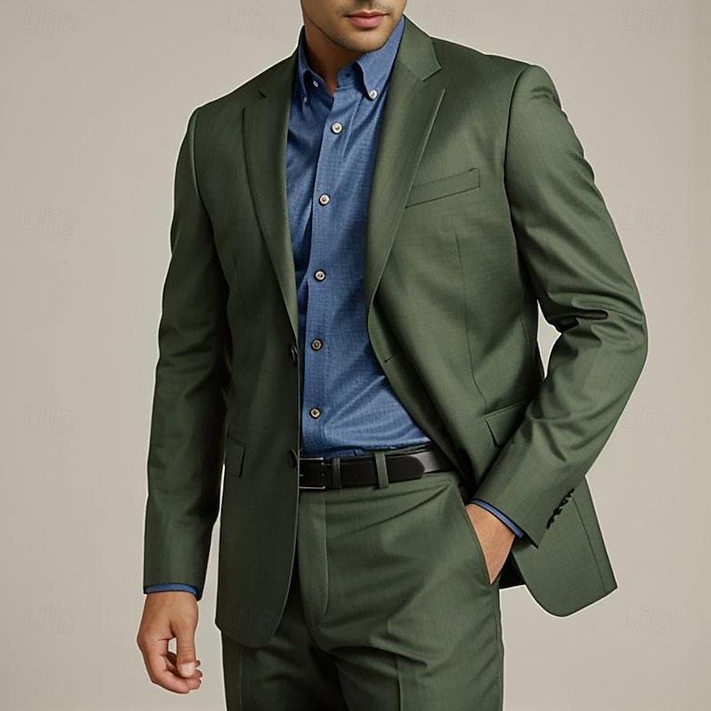 Men's Business Suits Notch Lapel Army Green Fashion Formal Solid Colored Standard Fit 2 Piece Single Breasted Two-buttons