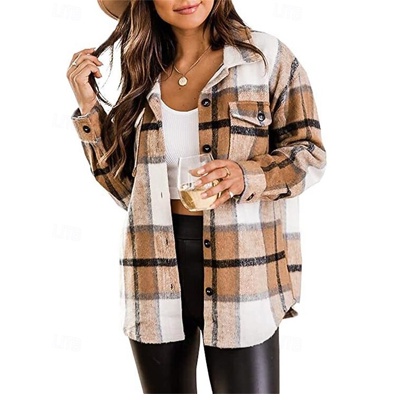Women's Shirt Jacket Casual Jacket Warm Comfortable Pocket Fashion Outdoor Plaid Going out Weekend Single Breasted Regular Turndown Regular Fit Long Sleeve Outerwear Pink Red Blue Fall Winter