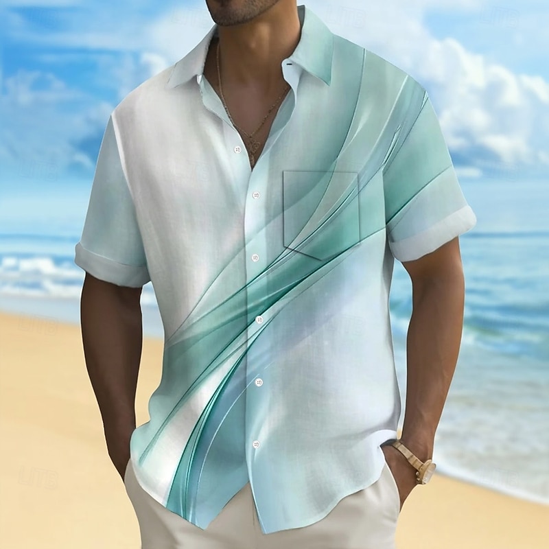 Men's Gradient Waves Marble Shirt Summer Shirt Button Up Shirt Short Sleeve Fashion Casual Outdoor Vacation Dailywear Summer Spring Turndown 3D Print Collared Shirts Front One Pocket White Blue Khaki