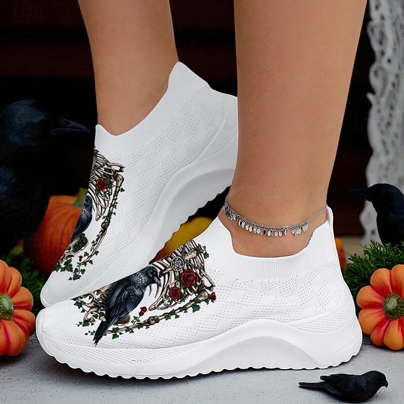 Women's Gothic Raven Skeleton Print Shoes – White Flyknit Halloween Slip-Ons for Horror Fans, Cosplay and Autumn Costume Parties Sarah Richter3