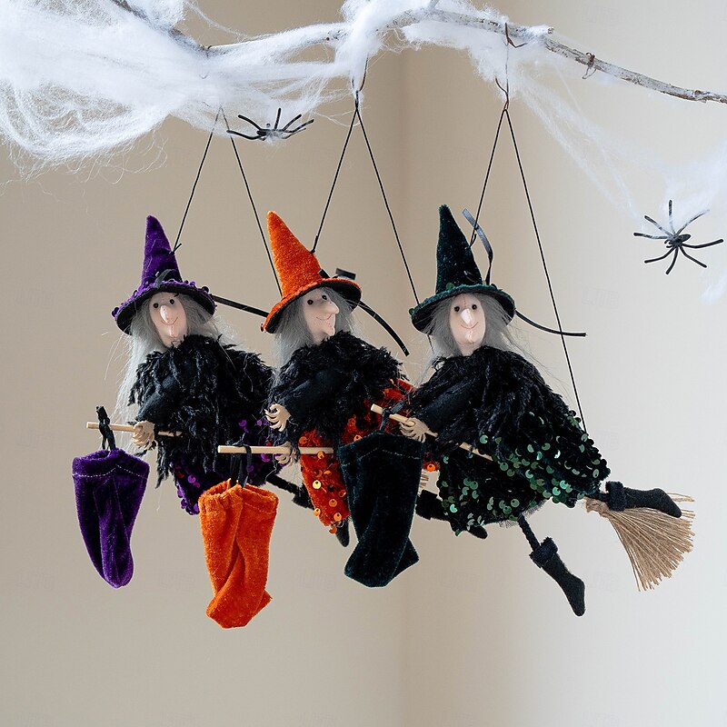 Halloween Witch Ornament Set Magic Broom, Gift Bag, Witch Hat, Costume Props Spooky Party Decor for Haunted House, Yard, Scene Setup