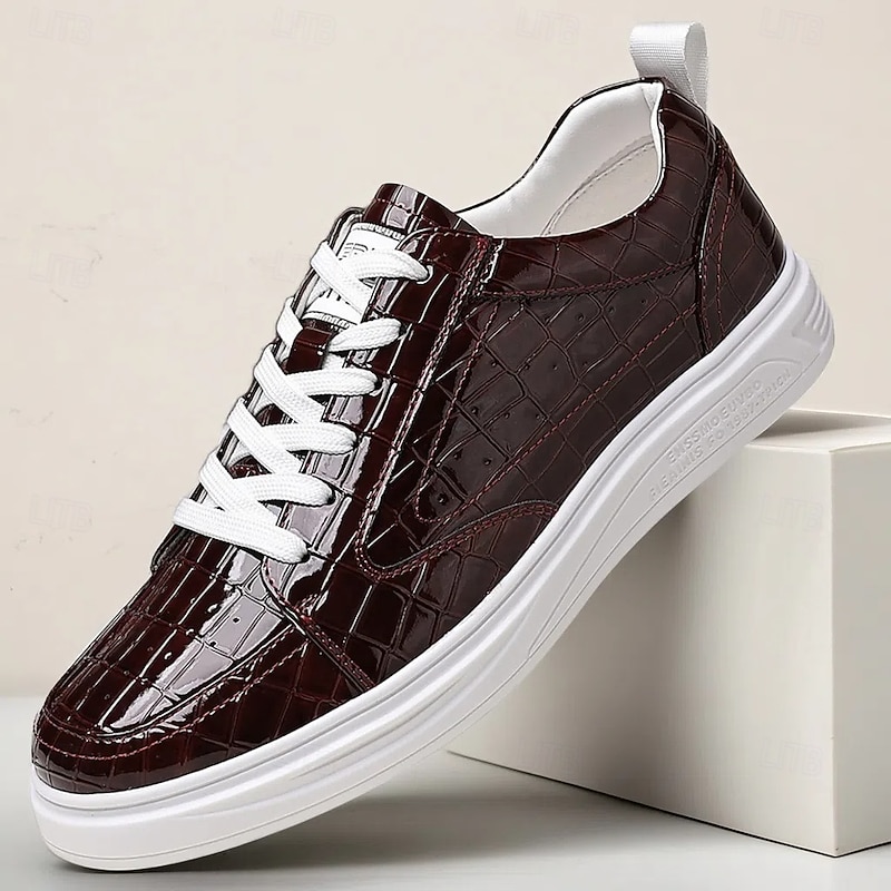 Men's Burgundy Faux Leather Crocodile-Pattern Sneakers – Stylish Lace-Up Casual Shoes for Daily Wear and Fashionable Outings - Main Image
