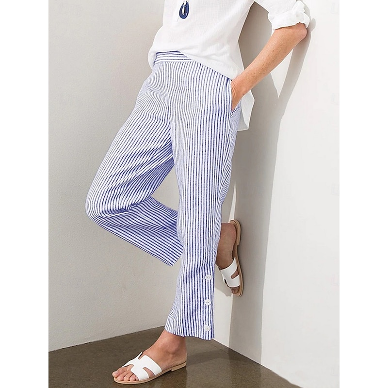 Women's Chinos Vacation Casual Full Length High Waist Striped Pocket Elastic Waistband Printing Comfy Soft Comfortable Micro-elastic Outdoor Street Army Green Black Pink Blue Summer Spring Regular Fit