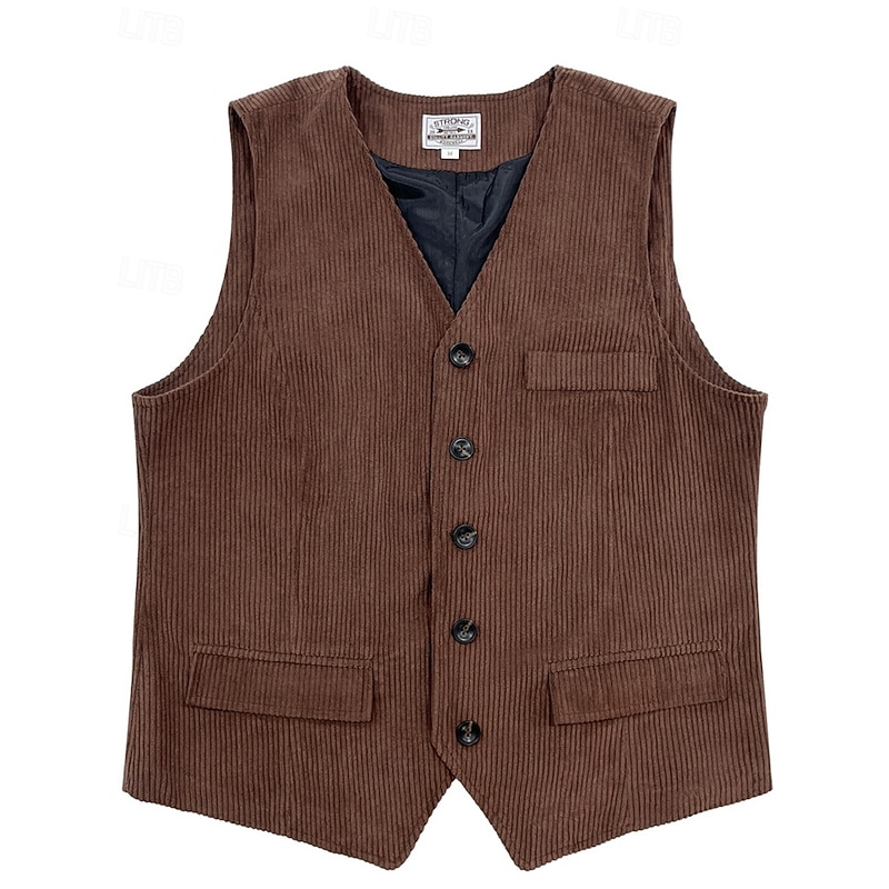 Men's Vest Waistcoat Gilet Vacation Party Business Fashion Casual Spring Fall Buttons Pocket Polyester Corduroy Comfortable Solid Color Single Breasted One-button V Neck Regular Fit Dark Brown Black