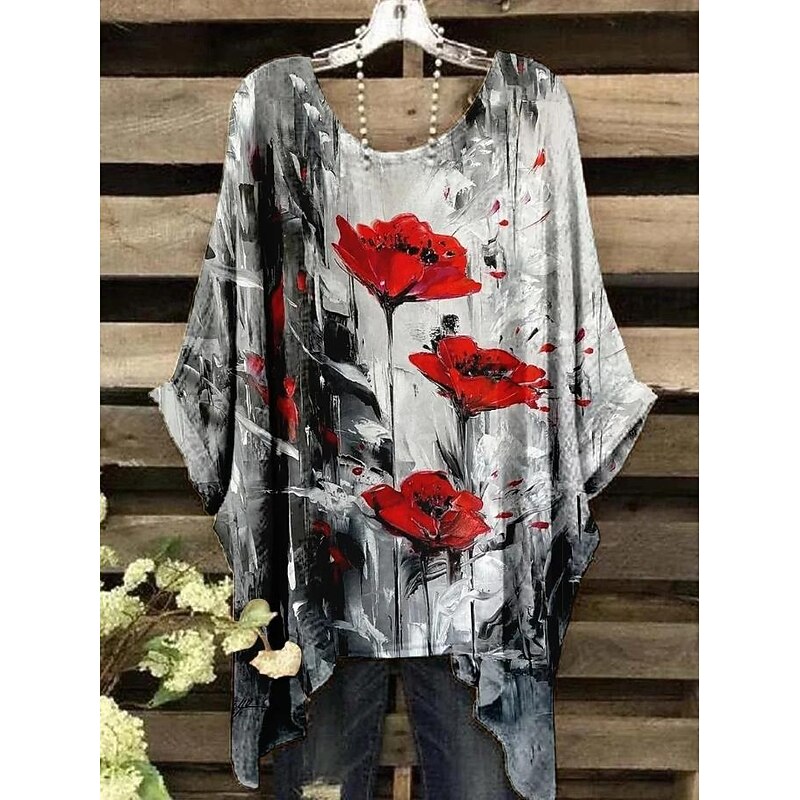 Women's Boho Shirt Floral Graphic Elegant Bohemia Tropical Short Sleeve Batwing Sleeve Crew Neck Regular Tops Daily Holiday Beach Wear Black Yellow Pink Blue Beige Summer Spring3