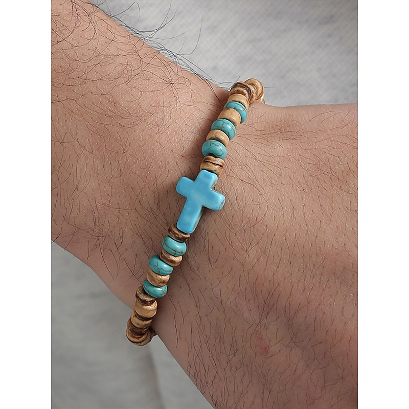 Men's Natural Wood Beaded Bracelet with Turquoise Cross – Handmade Bohemian Stretch Wristband for Casual Wear, Summer Outfits and Beach Vibes3