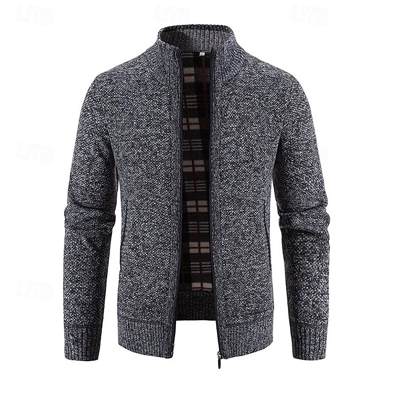 Men's Sweater Cardigan Sweater Ribbed Knit Regular Tops Knitted Plain Standing Collar Warm Ups Modern Contemporary Casual Daily Wear Clothing Apparel Spring &  Fall Wine Red Black M L XL2