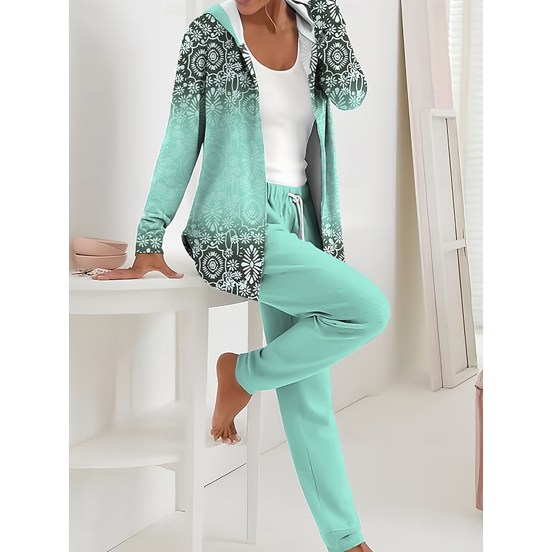 Women's 2 Pieces Hoodie Tracksuits Pants Sets Long Sleeve Active Daily Hooded Floral Graphic Gradient Drawstring Print Outdoor Casual Blue Orange Green Spring Regular Fit2