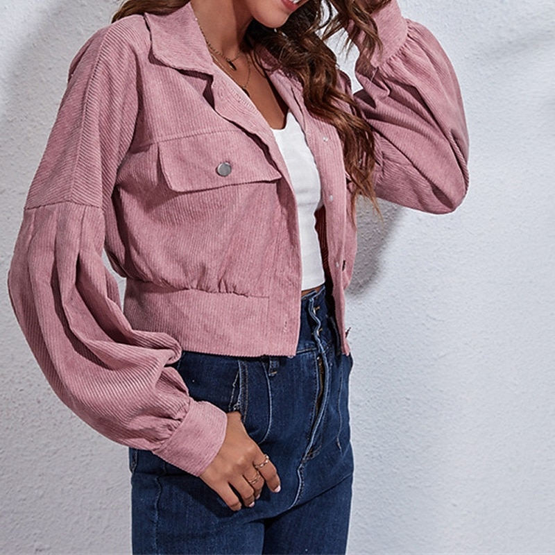 Women's Casual Jacket Warm Comfortable Corduroy Fashion Outdoor Plain Going out Weekend Zipper Regular Turndown Regular Fit Long Sleeve Outerwear Pink Fall Winter