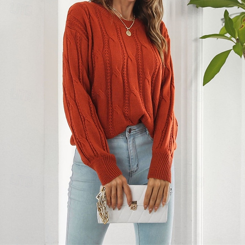 Women's Pullover Casual Solid Color Chunky Crew Neck Knitted Long Sleeve Regular Tops Knit Daily Holiday Going out Red Brown Fall Winter3
