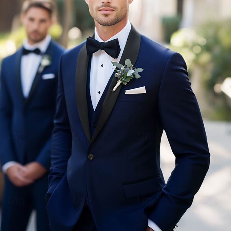 Men's Wedding Party Suits Shawl Lapel Navy Blue Business Formal Solid Colored Standard Fit 3 Piece Single Breasted One-button