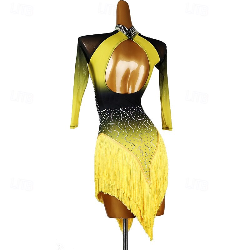 Latin Salsa Dance Dress Tassel Splicing Crystals / Rhinestones Women's Performance Training Long Sleeve Chinlon Mesh Spandex2
