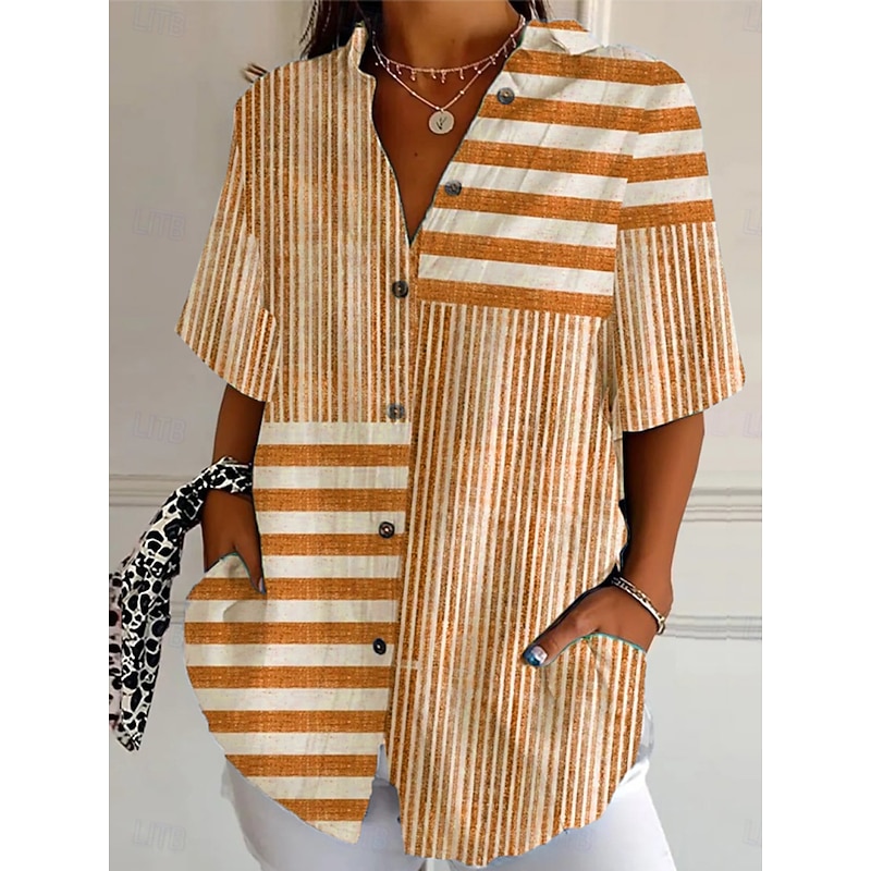 Women's Shirt Long Sleeve Button Down Blouse Graphic Geometric Striped Vintage Stylish Modern Short Sleeve Shirt Collar Regular Tops Daily Light Green Red Blue Purple Orange Summer Spring4